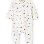 White jumpsuit with short sleeves and jumpsuit collar, small colored cars.