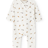 White jumpsuit with short sleeves and jumpsuit collar, small colored cars.
