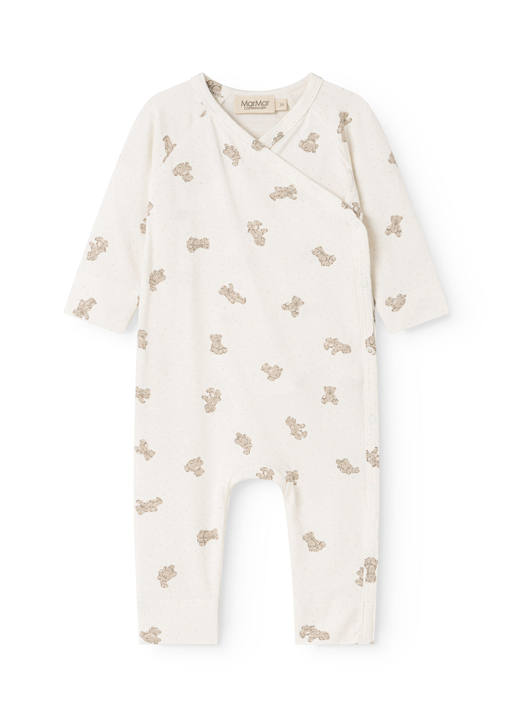 White dress with teddy pattern, cross neckline.