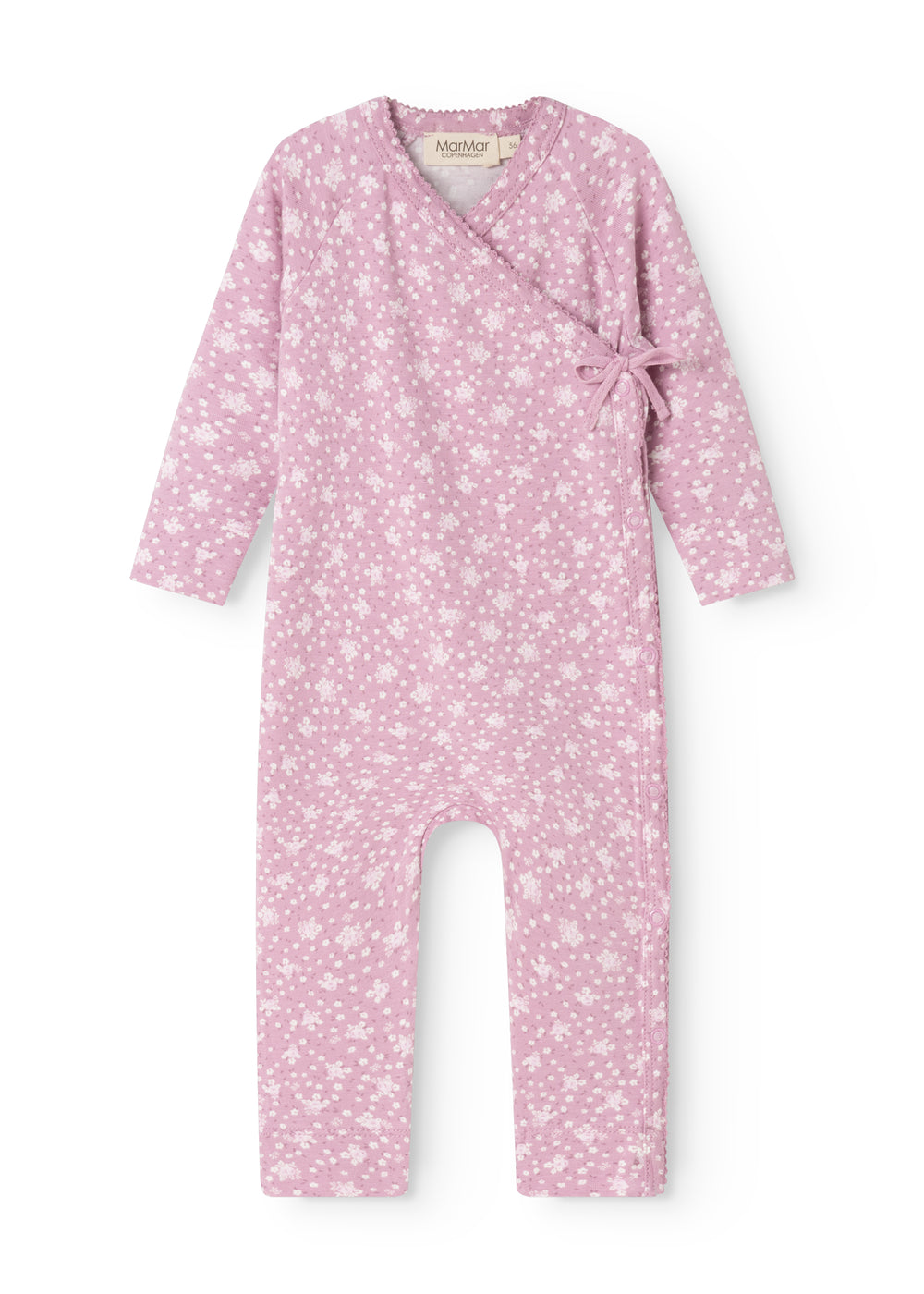 Pink dress from Rula with small white floral print, button closure and long sleeves.