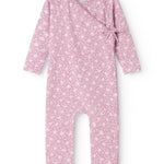 Pink dress from Rula with small white floral print, button closure and long sleeves.