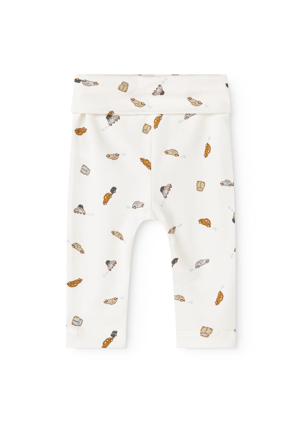 White baby pants with car motif all over and elastic waistband.