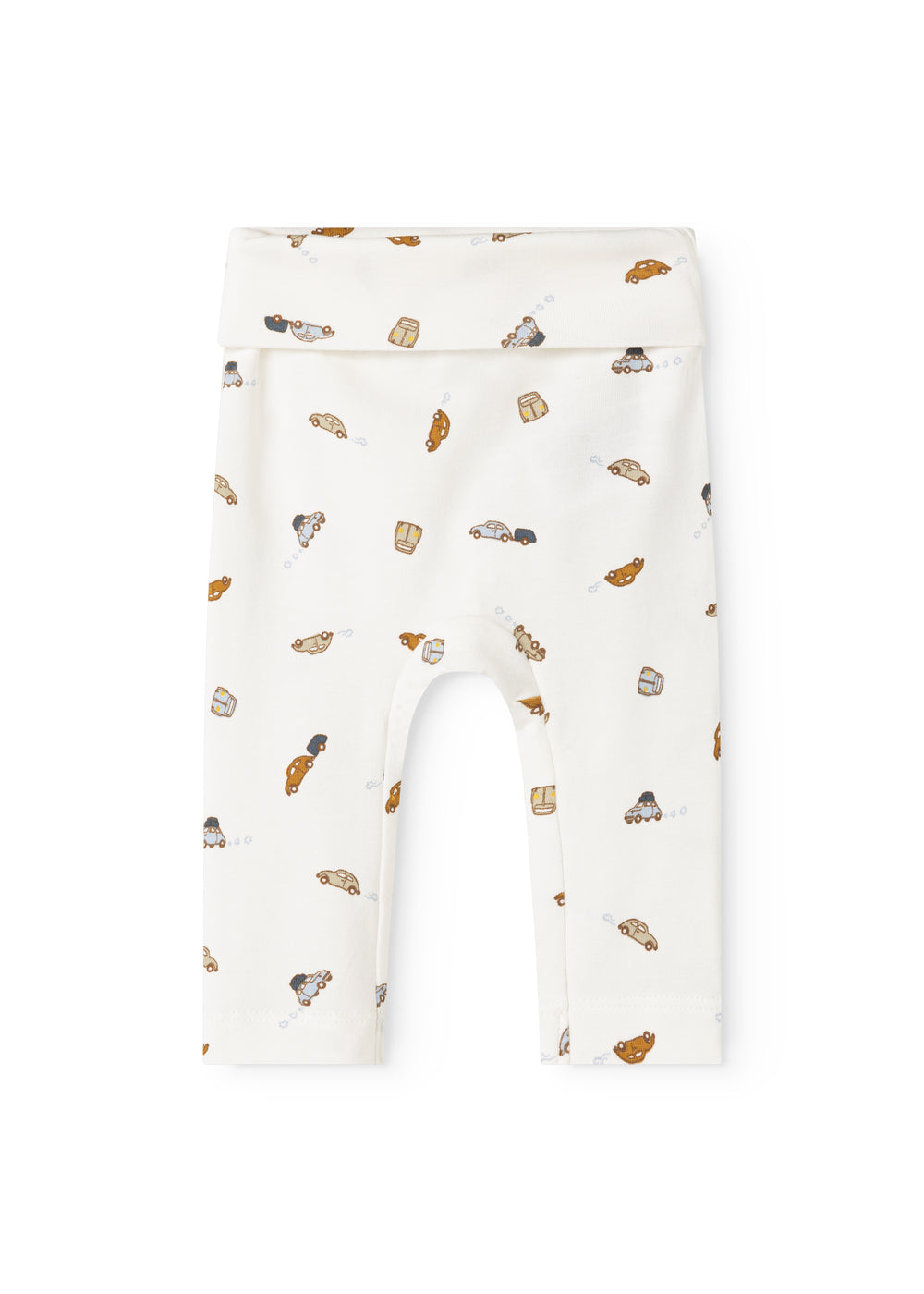 White baby pants with cars in a repeated pattern, stretchy and straight leg.