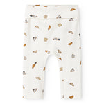 White baby pants with cars in a repeated pattern, stretchy and straight leg.
