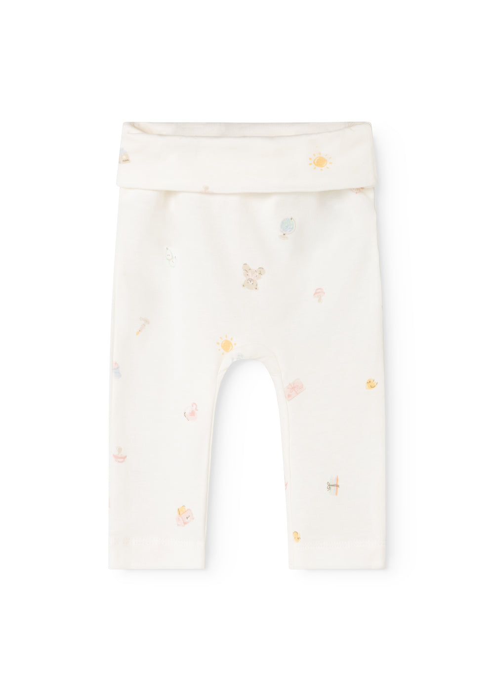 Piva baby shorts in light cream with colorful small animal print and elastic waistband.