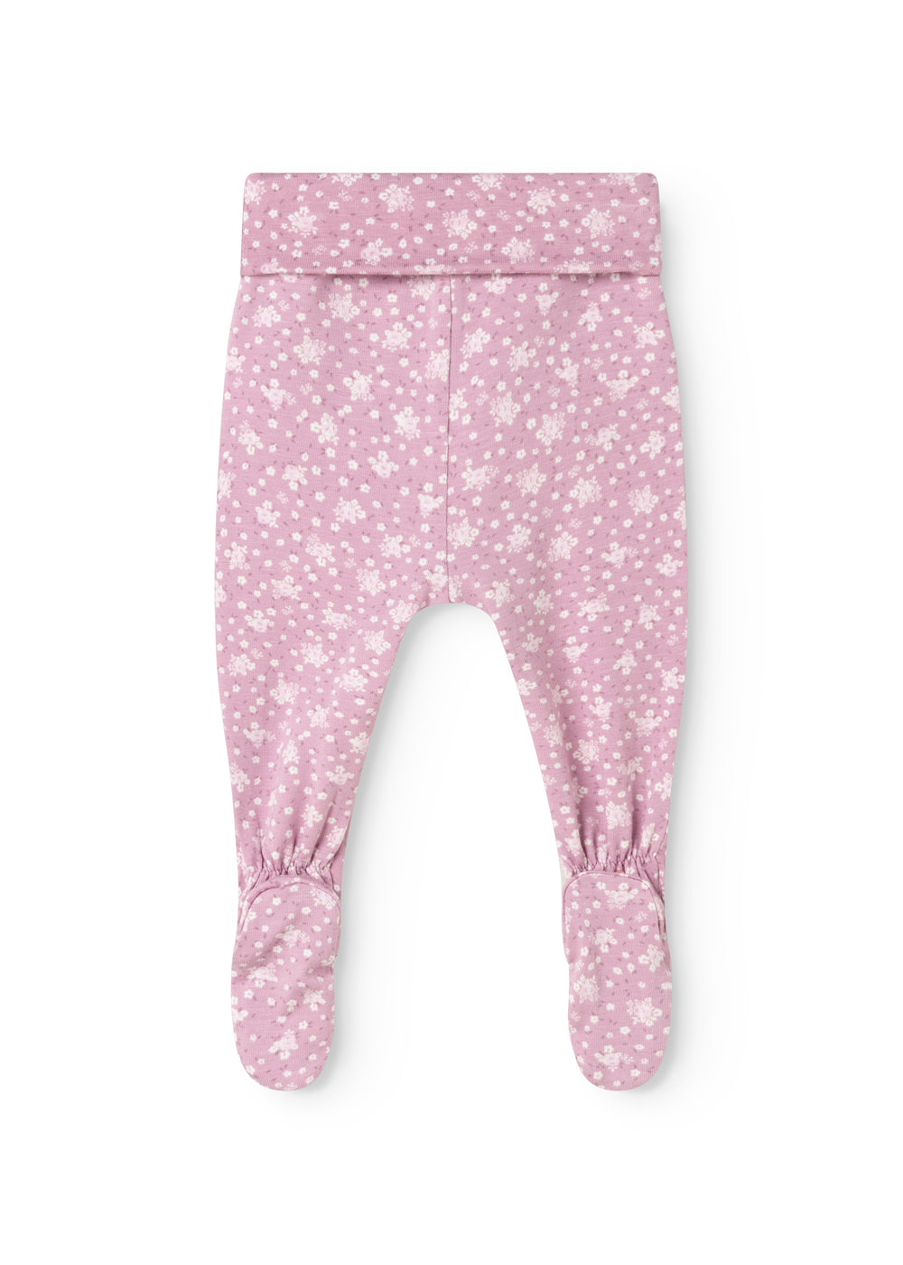 Pink trousers with small white flower print and elastic waistband