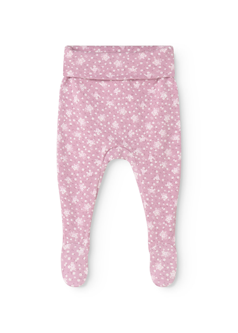 Pink trousers with small white flower print and foot closure.