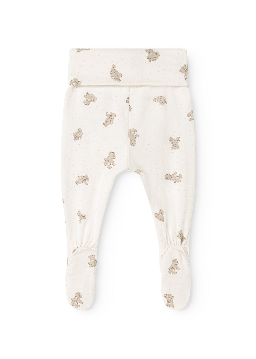 Baby leggings with beige teddy bear print and elastic at the leg opening.