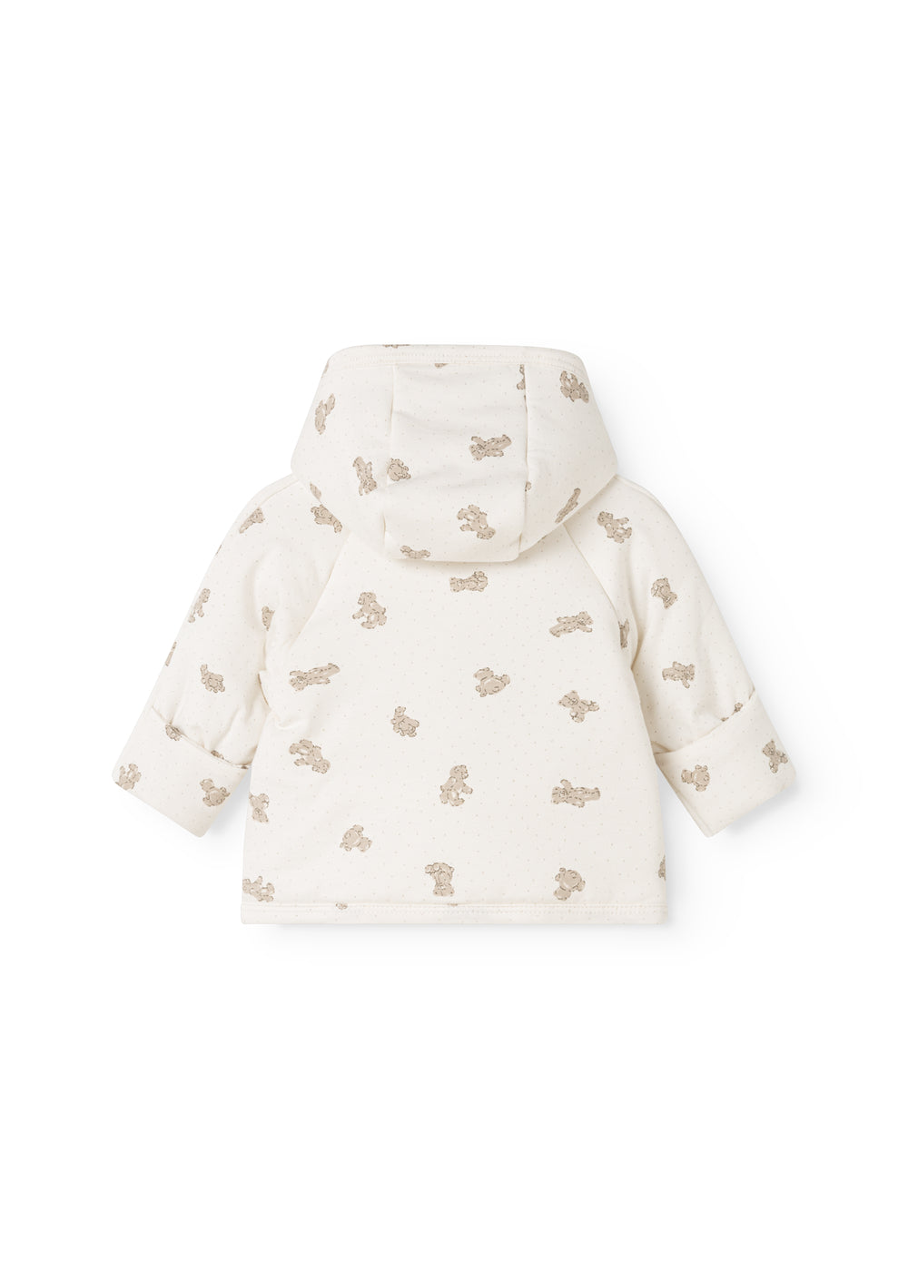 Hooded winter jacket in cream with teddy bear print all the way on the back.