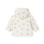 Hooded winter jacket in cream with teddy bear print all the way on the back.