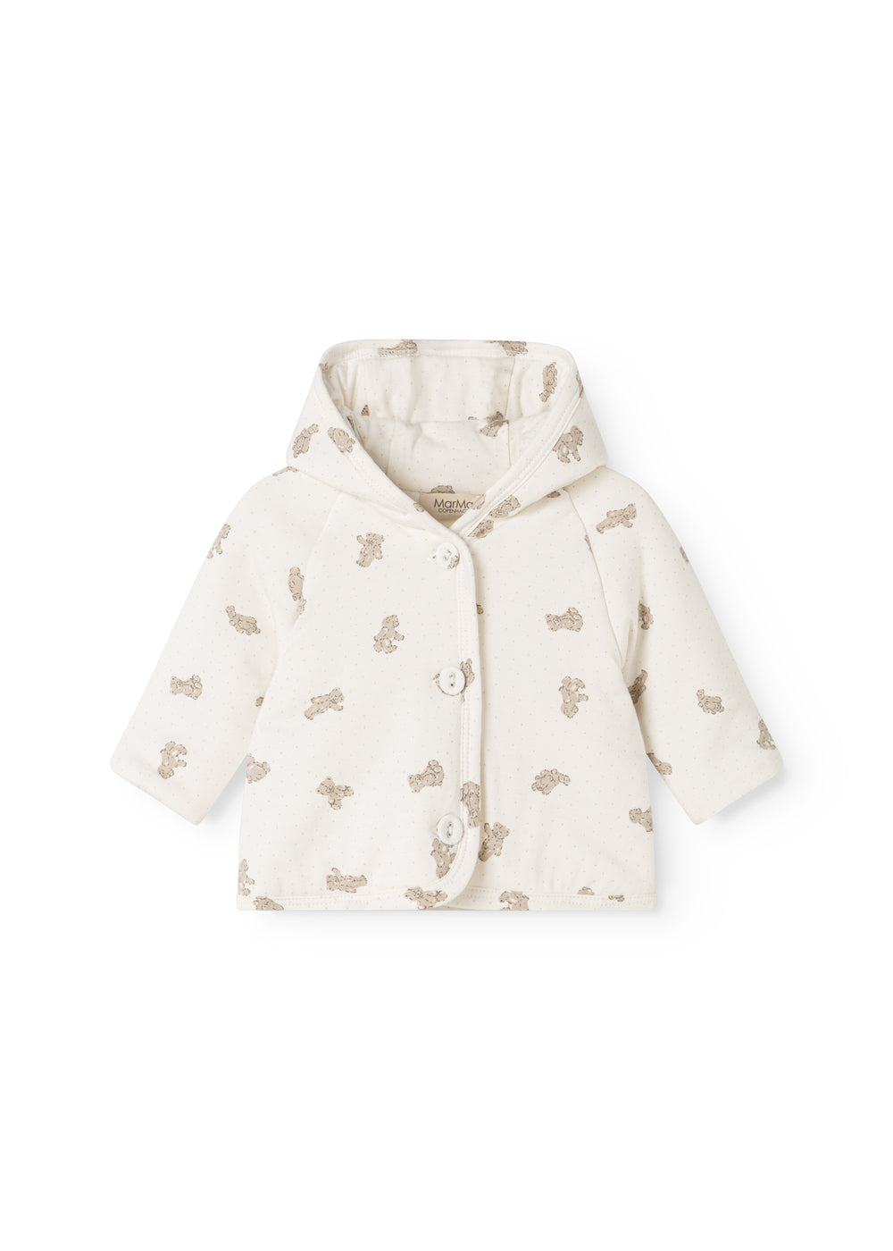 Cream hoodie with a hood, patterned with a teddy bear and front buttons.