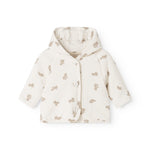 Cream hoodie with a hood, patterned with a teddy bear and front buttons.