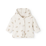 Cream hoodie with a hood, patterned with a teddy bear and front buttons.