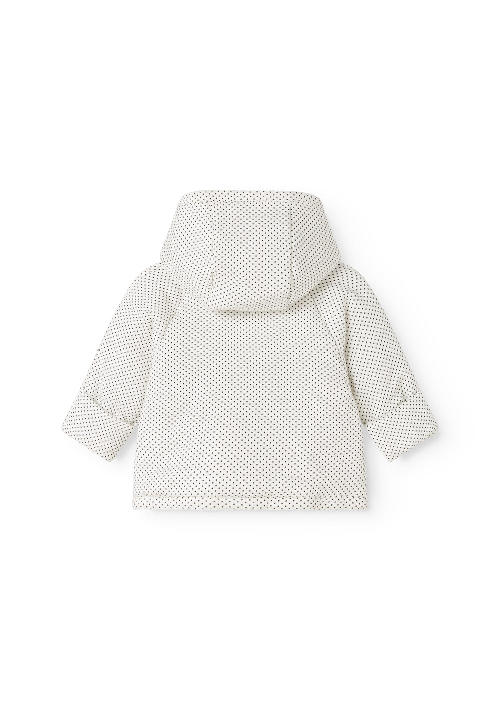 Children's jacket with the back in white with small black dots and hood.