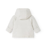 Children's jacket with the back in white with small black dots and hood.