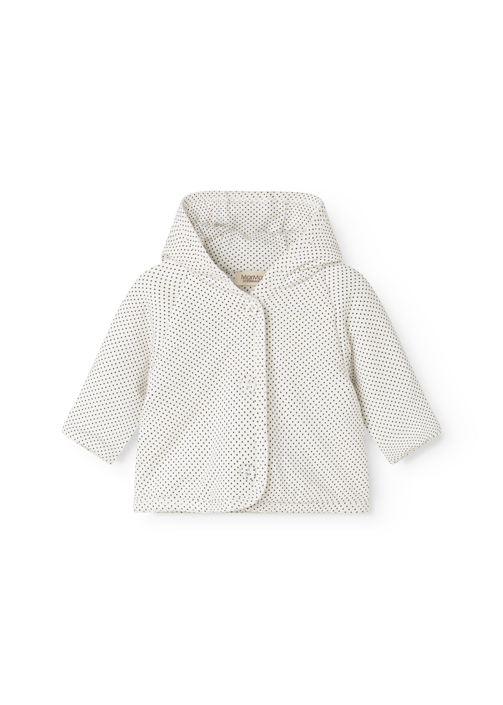 White children's jacket with hood, small black dots, snap closure and long sleeves