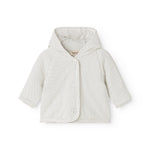 White children's jacket with hood, small black dots, snap closure and long sleeves