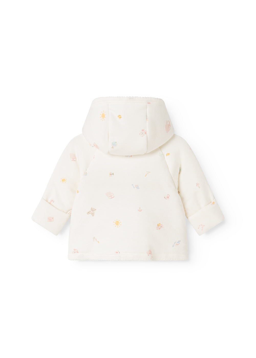 Baby jacket with hood and colored all-over pattern