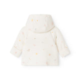 Baby jacket with hood and colored all-over pattern