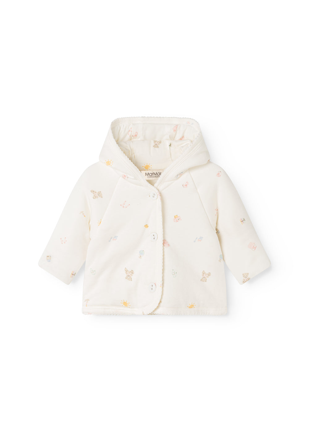 Baby jacket with hood, zipper, and colored animal patterns