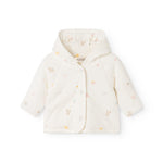 Baby jacket with hood, zipper, and colored animal patterns