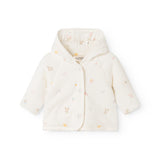 Baby jacket with hood, zipper, and colored animal patterns
