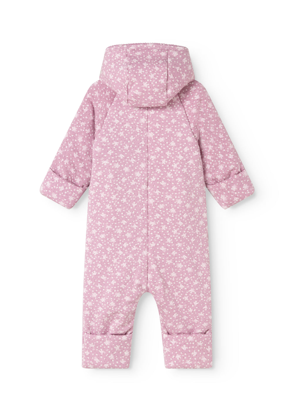 Pink jumpsuit with hood and small white flower print, full jumpsuit