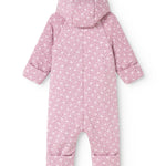 Pink jumpsuit with hood and small white flower print, full jumpsuit
