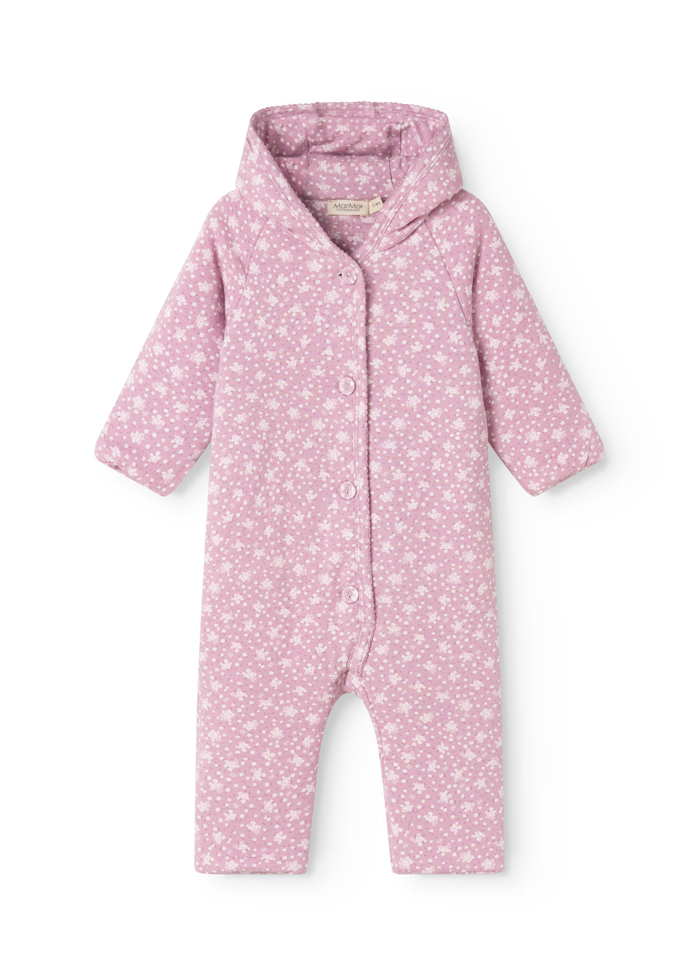 Pink jumpsuit with hood, full-length zipper, and small white floral print.