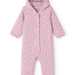 Pink jumpsuit with hood, full-length zipper, and small white floral print.