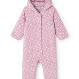 Pink jumpsuit with hood, full-length zipper, and small white floral print.