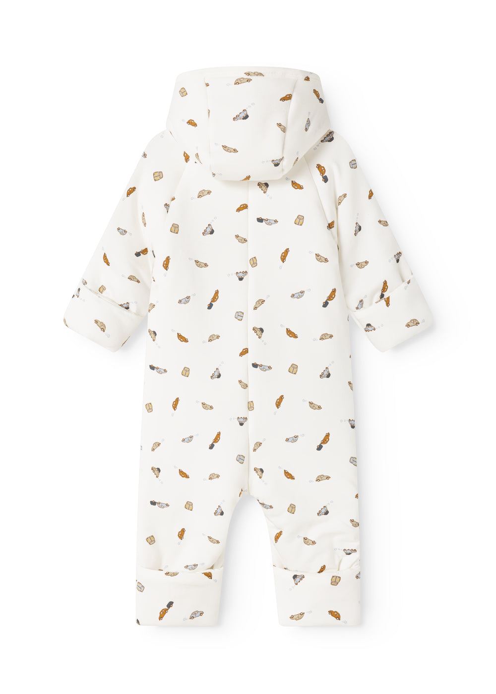 Hooded dress in white fabric with colorful car print and long sleeves