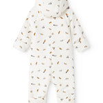 Hooded dress in white fabric with colorful car print and long sleeves