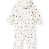 Hooded dress in white fabric with colorful car print and long sleeves