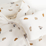 Hooded jacket with a white fabric and car print, button front.