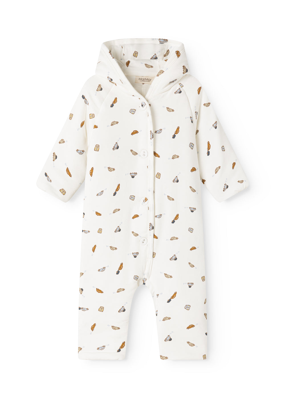 Hooded jacket in white fabric with colorful car print, snap closure in front.