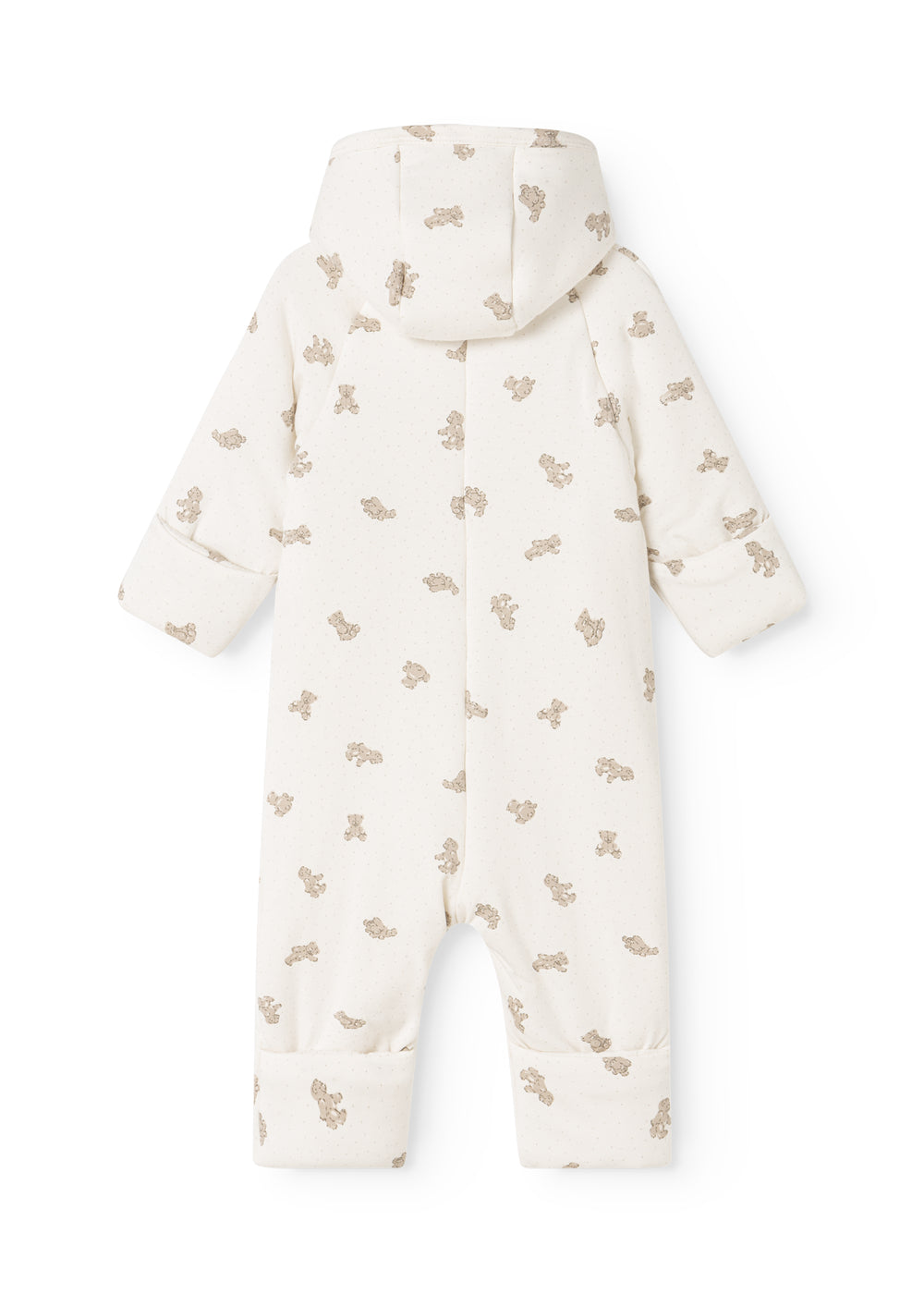 White dress with beige teddy bear pattern, hood and full-length legs.