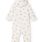 White dress with beige teddy bear pattern, hood and full-length legs.