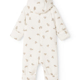 White dress with beige teddy bear pattern, hood and full-length legs.