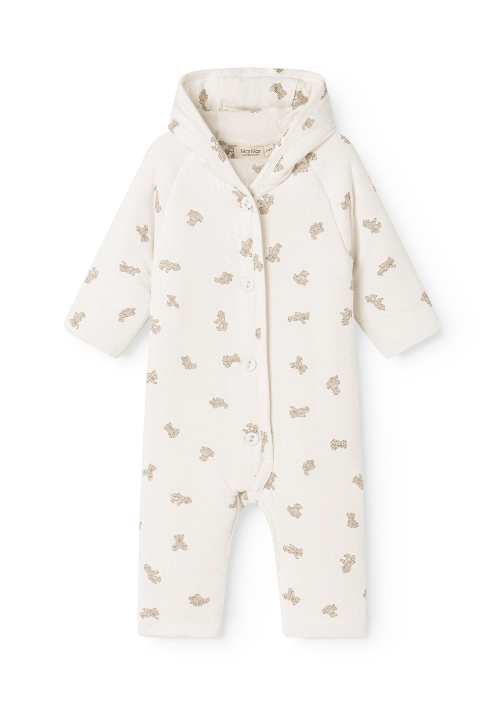 White dress with long sleeves, beige teddy bear print and hood.