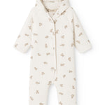 White dress with long sleeves, beige teddy bear print and hood.