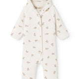 White dress with long sleeves, beige teddy bear print and hood.