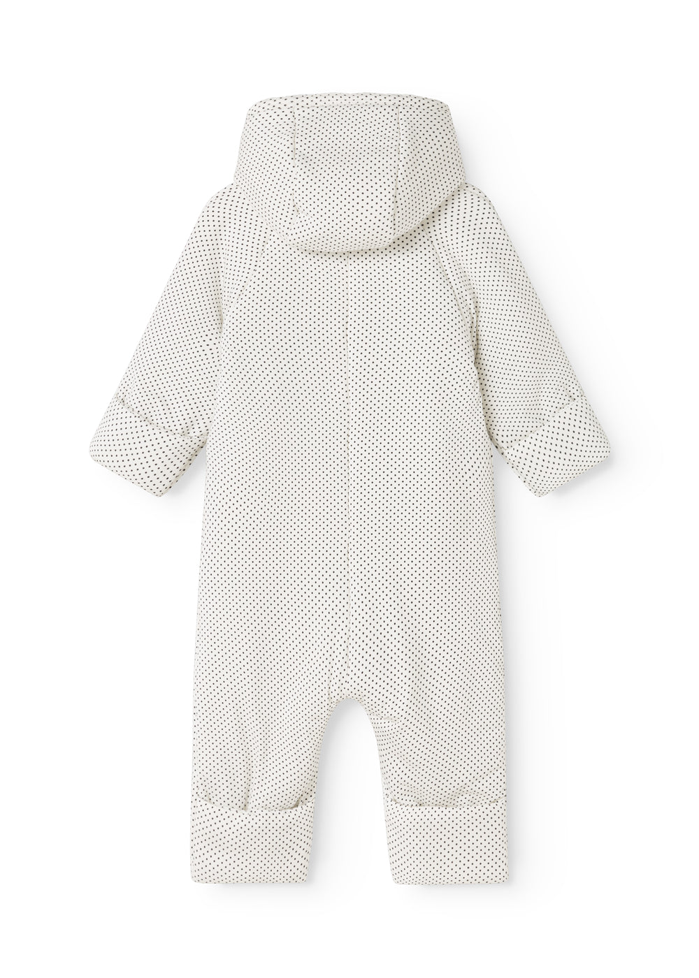 White dress with small black dots, hood at the back and long pant legs.