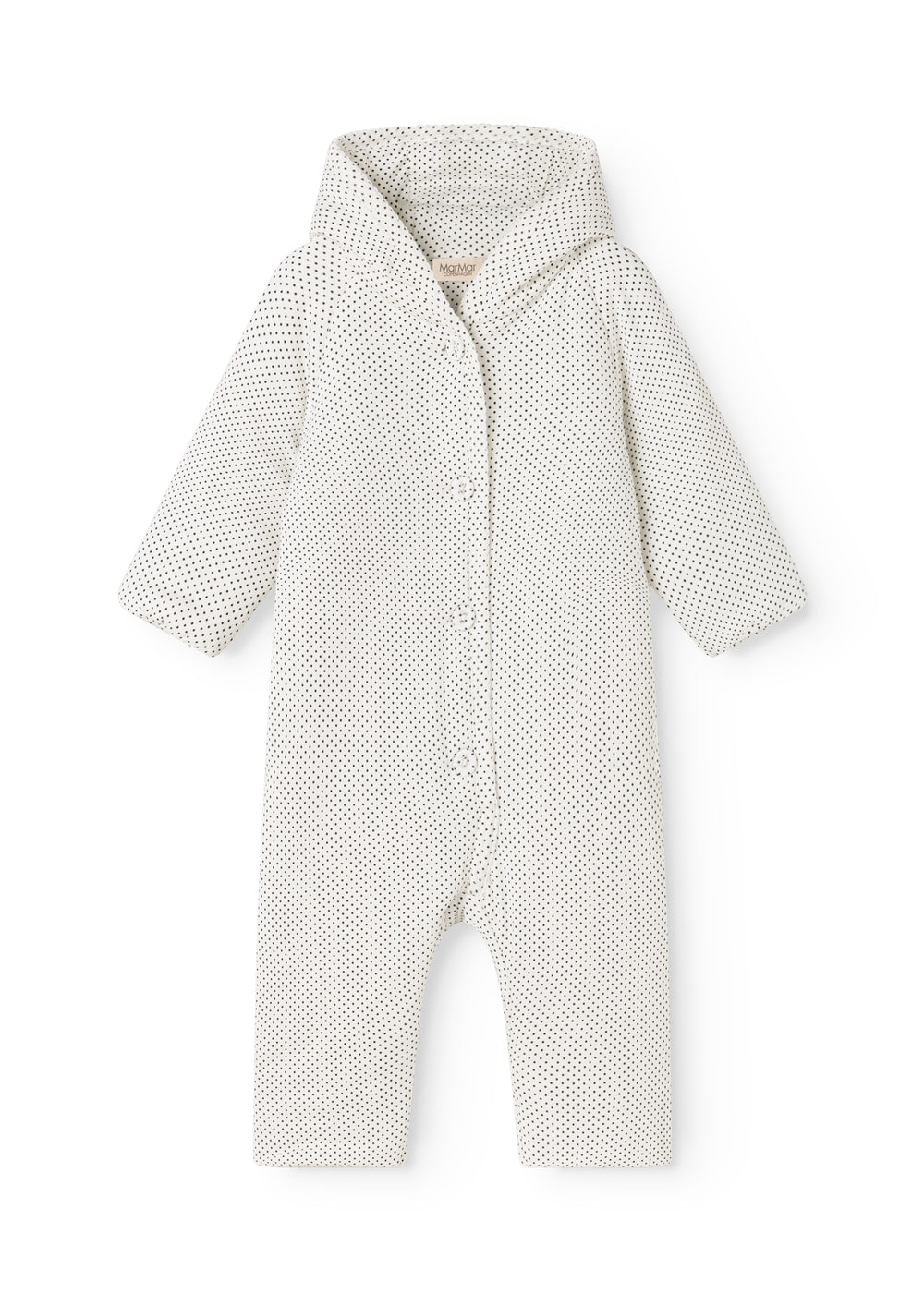 White dress with small black dots, hood and button closure in front.