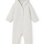 White dress with small black dots, hood and button closure in front.