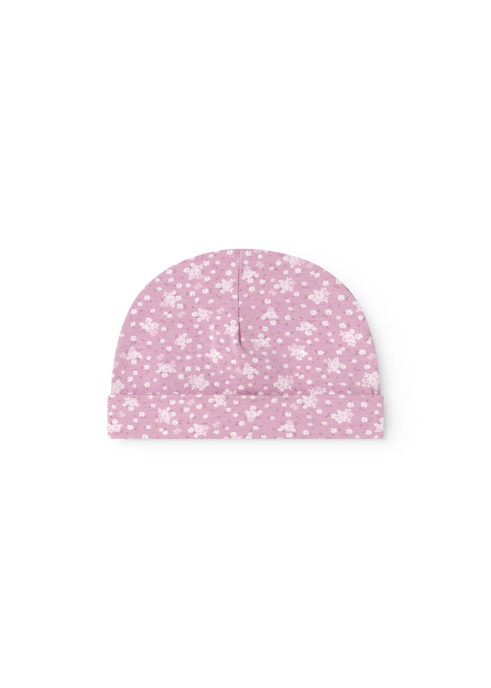 Pink baby onesie/cap with small white flower print and vertical stitching at the front