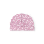 Pink baby onesie/cap with small white flower print and vertical stitching at the front