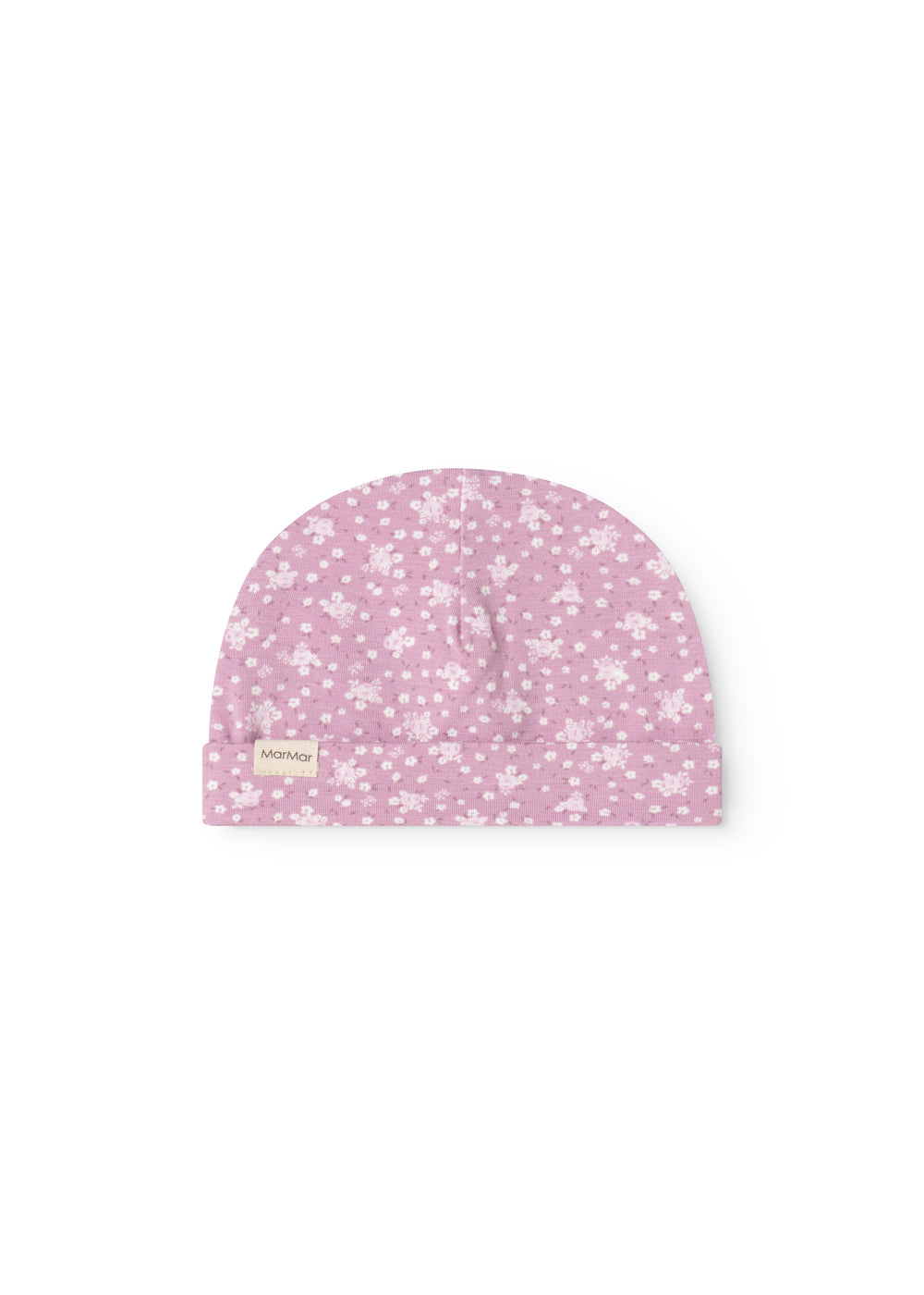 Pink baby onesie/cap with small white flower print, half-circle and snap button.