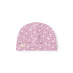 Pink baby onesie/cap with small white flower print, half-circle and snap button.