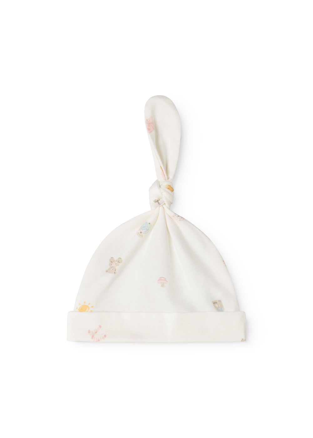 White baby hoodie with knot and small colored patterns, elastic edge.